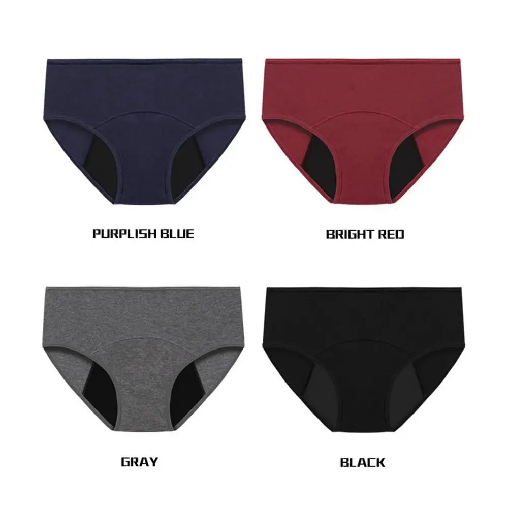 Women's breathable cotton low-rise menstrual panties in purplish blue, red, gray, and black (set of 4)