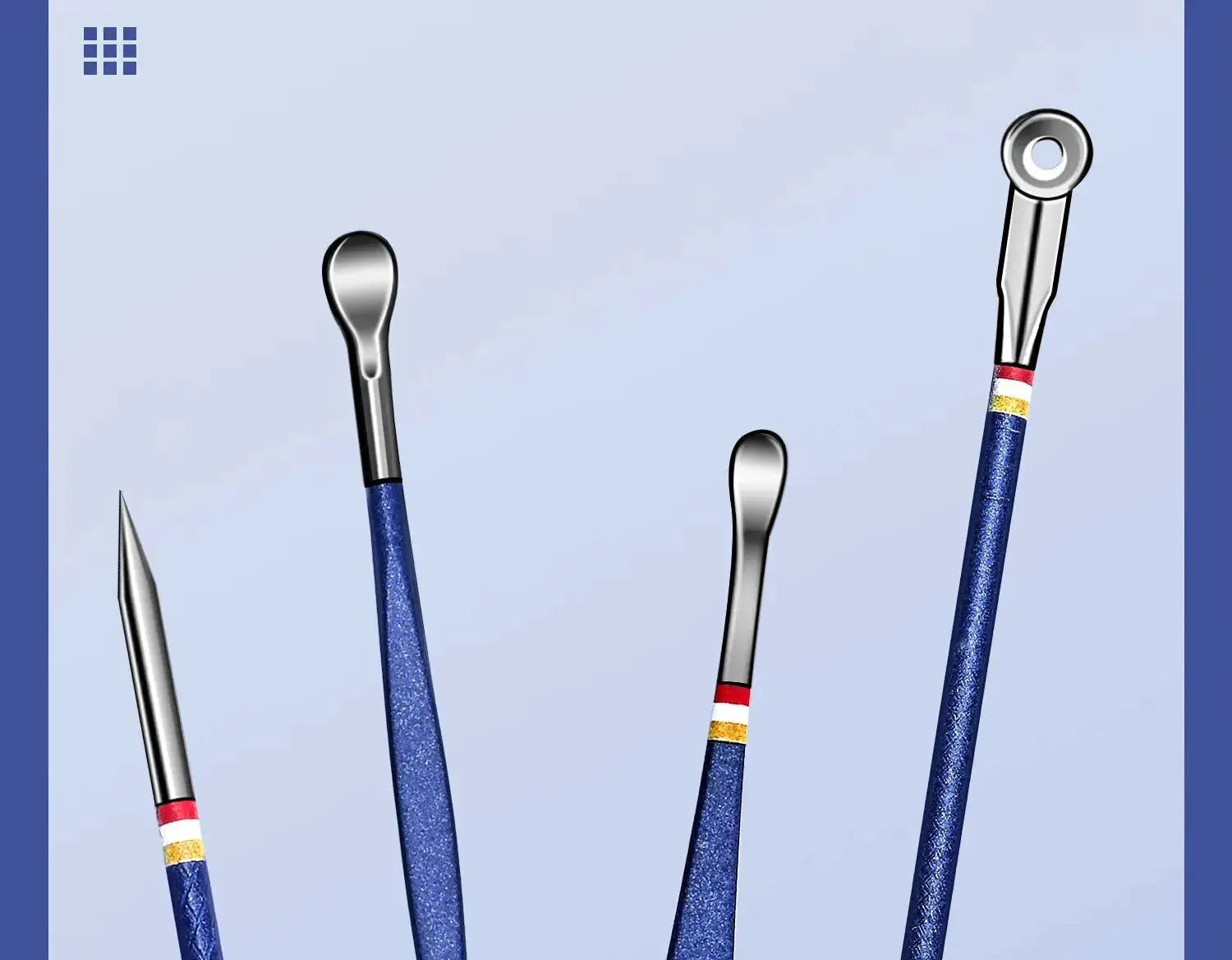 4-piece nail tool set with blue handles and stainless steel tips