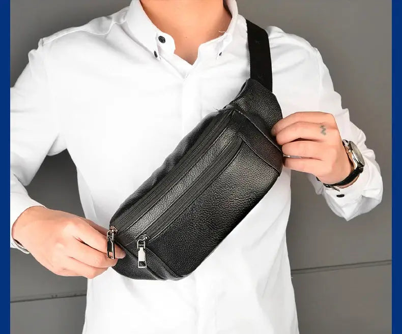 Men's genuine leather chest bag crossbody with multiple pockets, black
