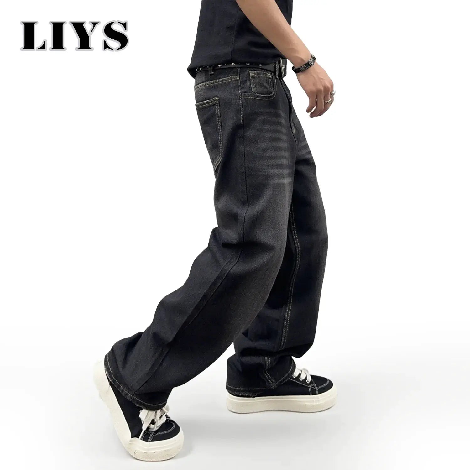 Men's jeans; black denim baggy straight-leg with LIYS logo and Simples Market branding