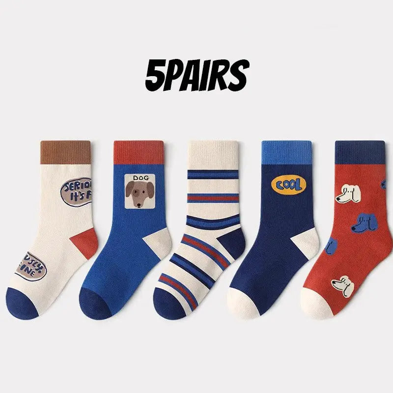 5 Pairs Boys Cartoon Puppy Mid Length Socks For Autumn And Winter Versatile Kids Socks Set