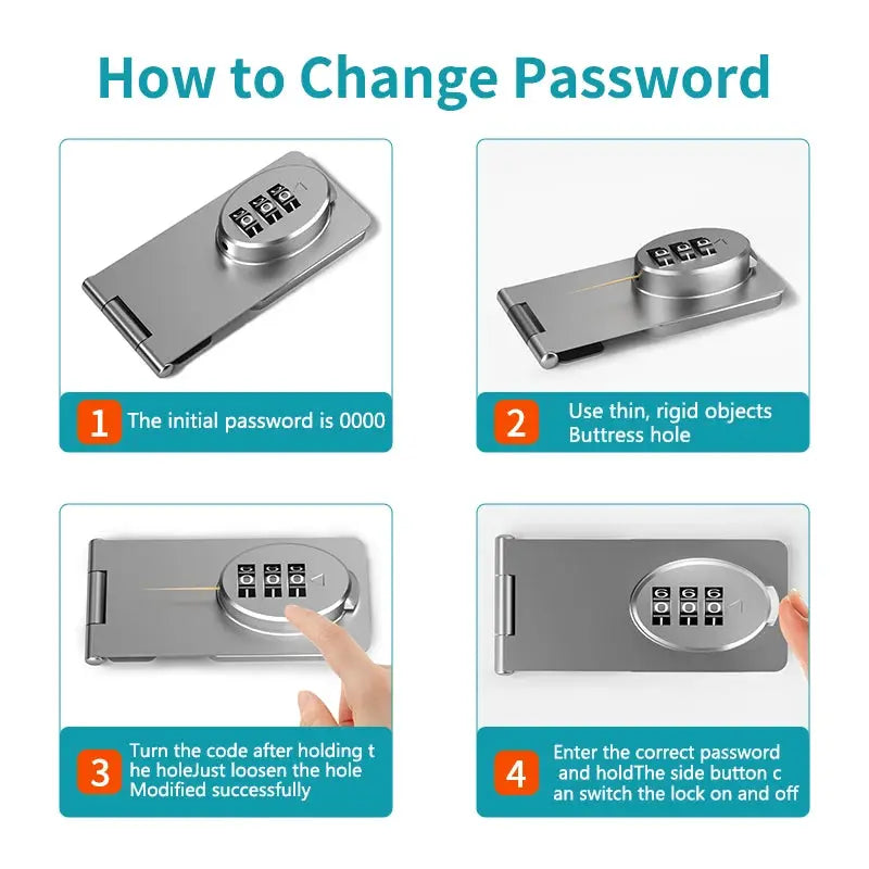 Simples Market mechanical password lock slide latch for small doors; silver metal finish and 4-step instruction graphic