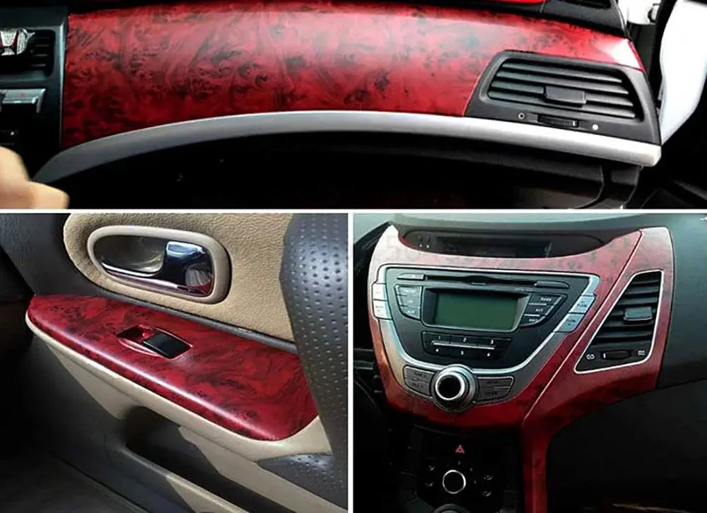 Wood grain PVC self-adhesive car interior vinyl wrap for dashboard, doors and panels in red/burgundy.