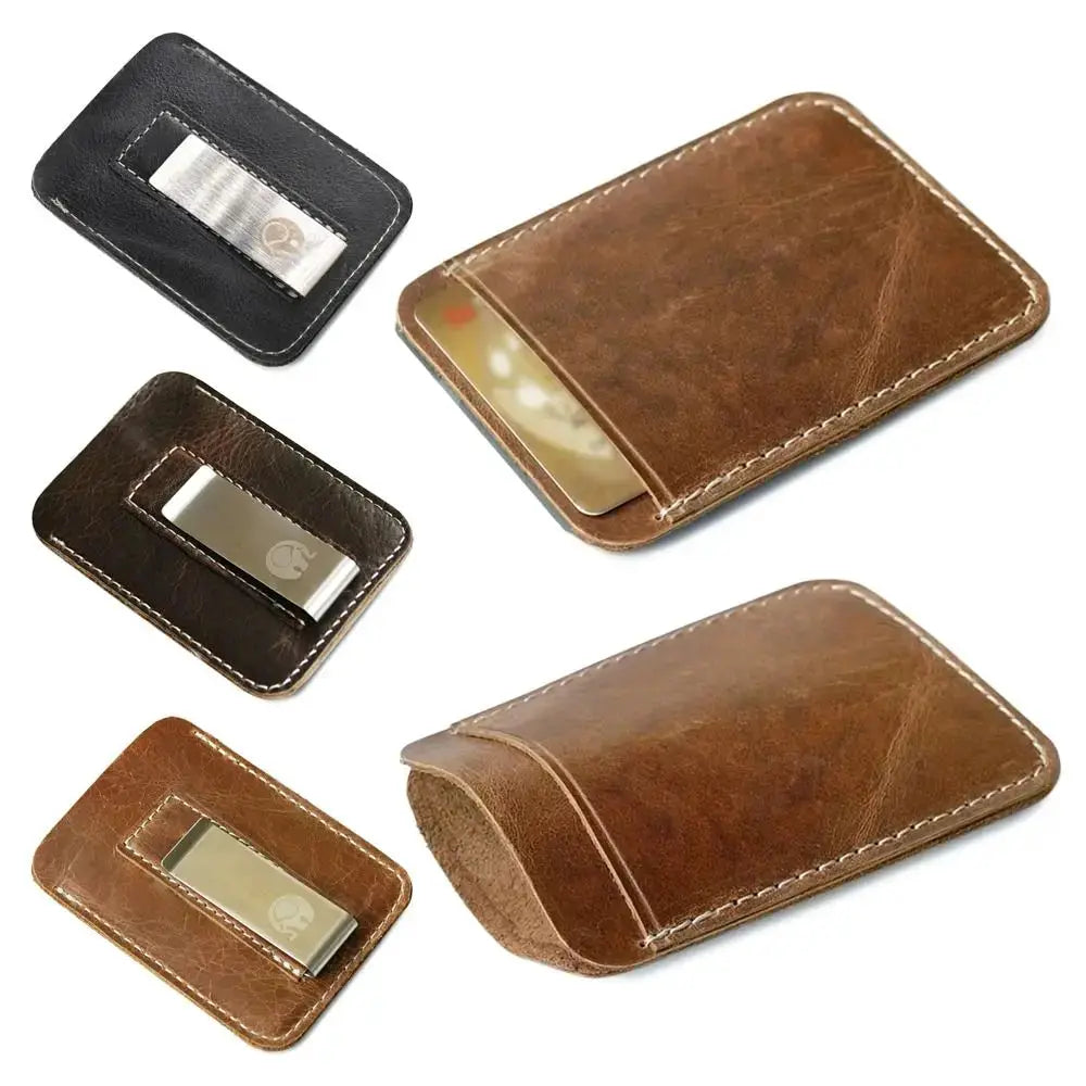 Simples Market men's leather money clip wallet set; 4 slim card holders in brown and black with metal clips