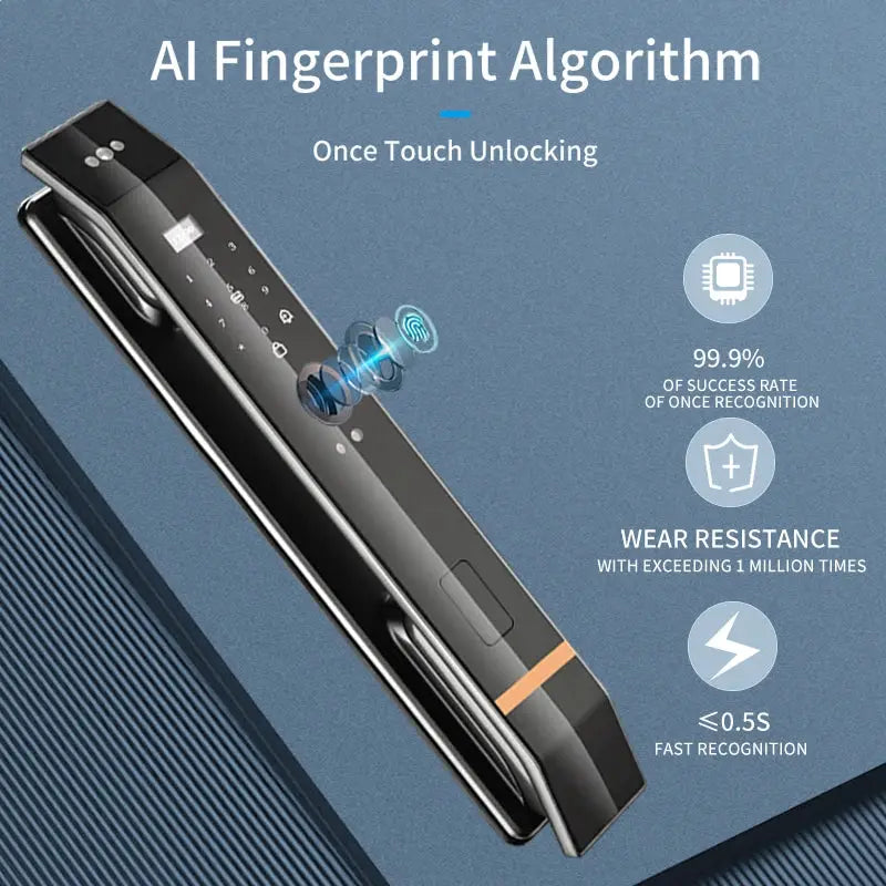 3D Face Smart Door Lock by Simples Market, black with biometric fingerprint, facial recognition, IC card, app and WiFi