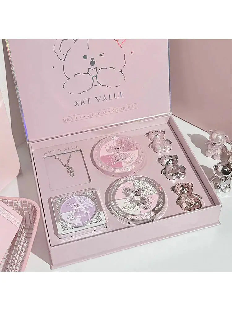 Art Value 7 Piece Makeup Set With Matte Lip Mud In Three Colors Pressed Powder Blush Eye Palette And Necklace