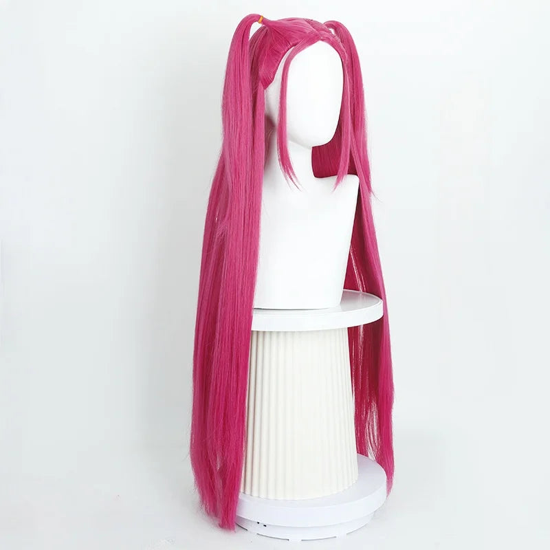 Movie Kpop Anime Cosplay Wig by Simples Market, long pink magenta twin-ponytail synthetic wig, heat resistant.