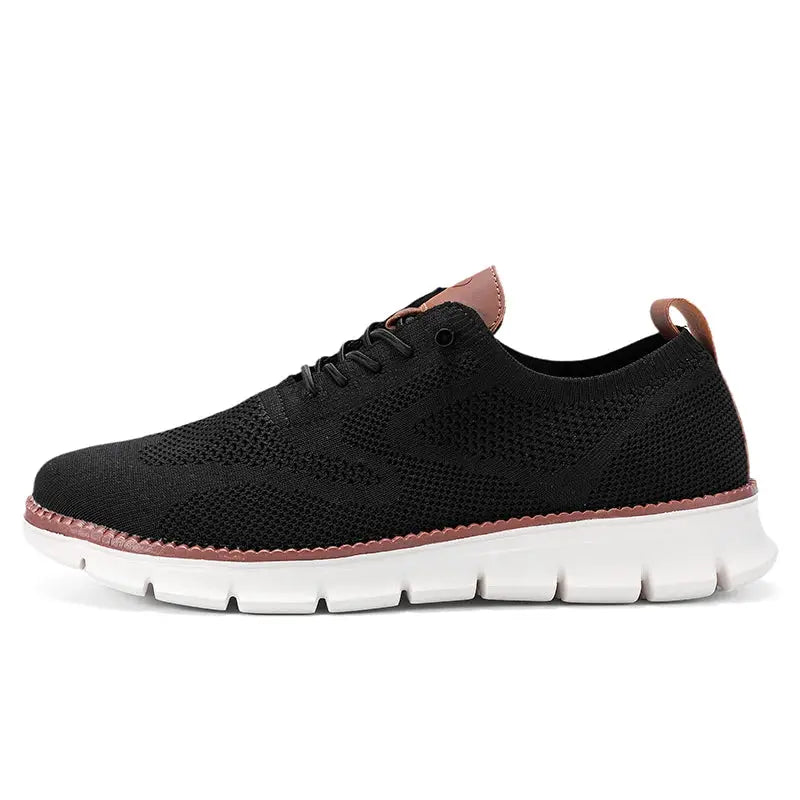 Men's black mesh casual shoes with white segmented sole and pink trim