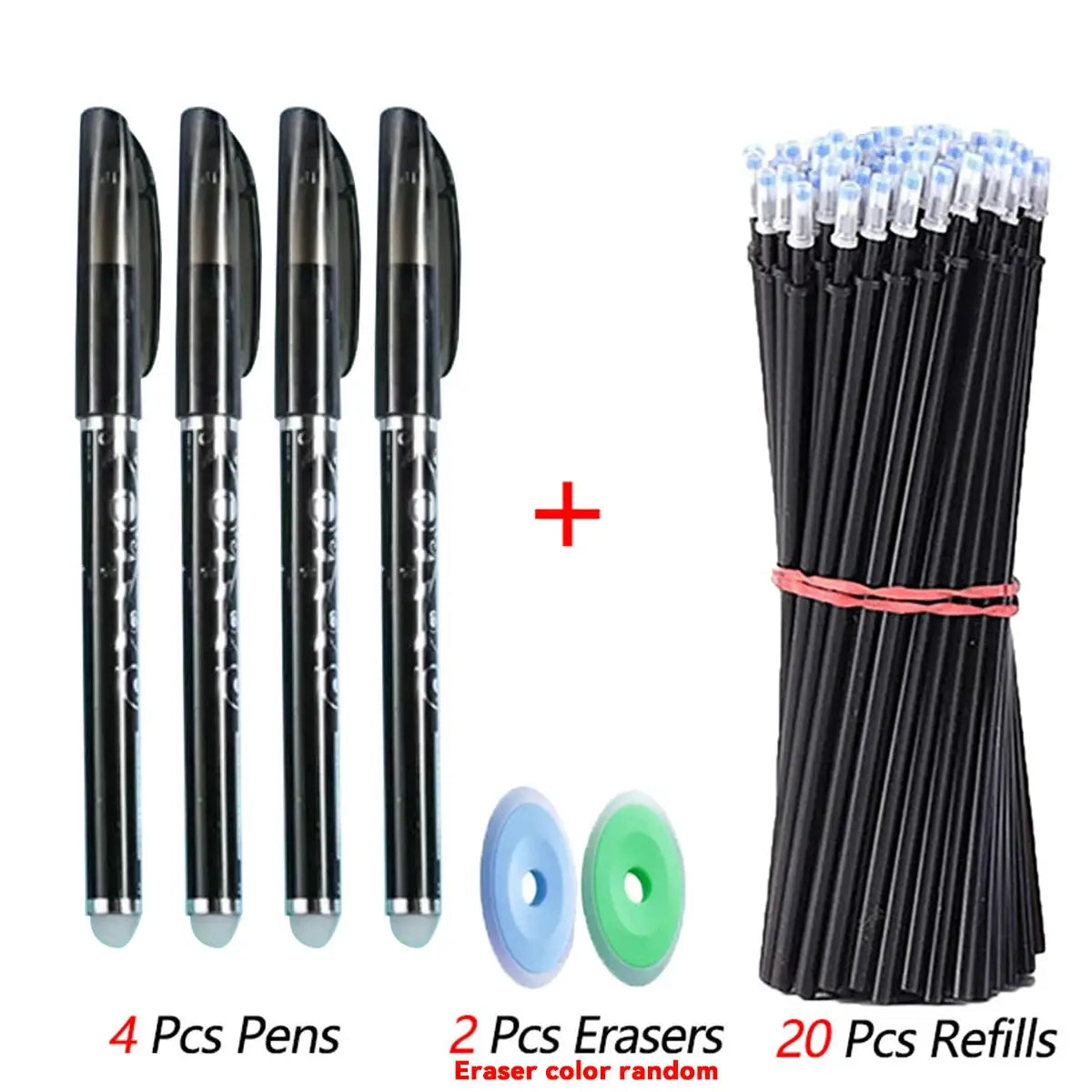 4 black erasable gel pens set with blue and green erasers and 20 refills