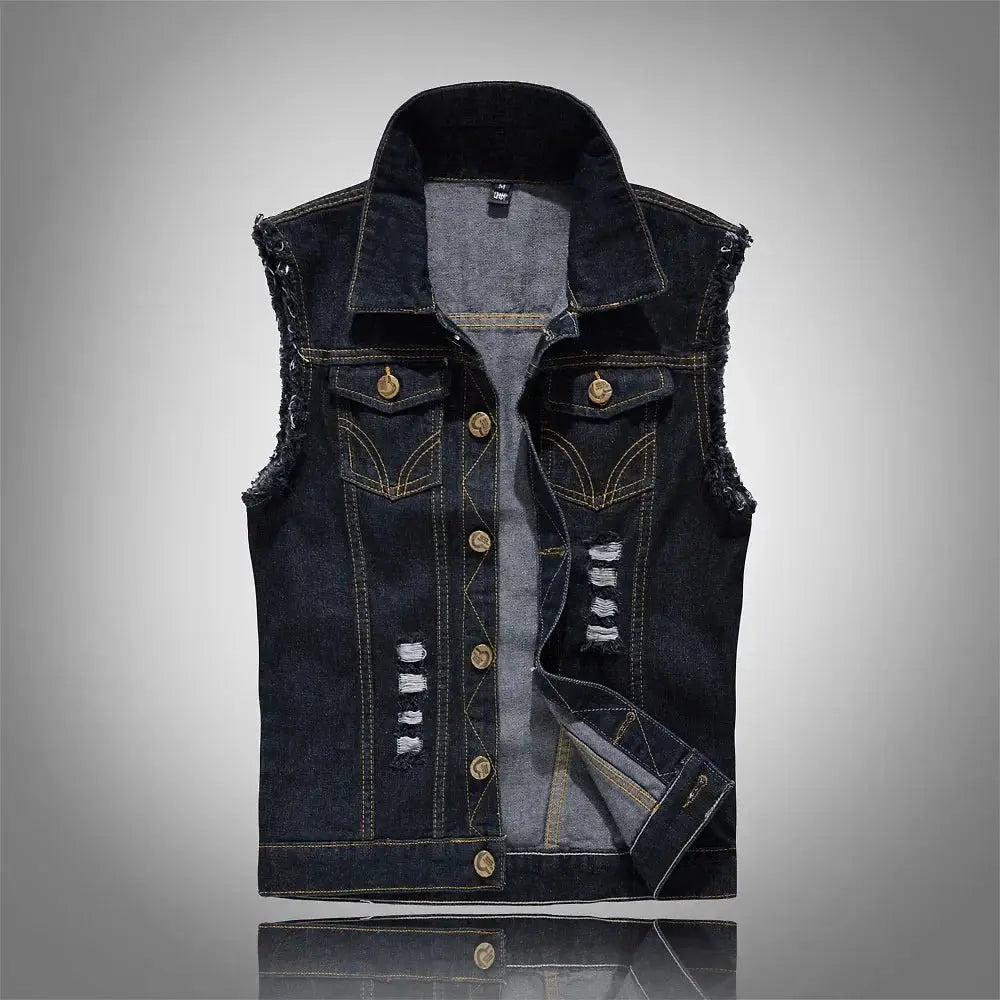 Men's dark indigo denim vest with distressed patches, button-front, contrast stitching