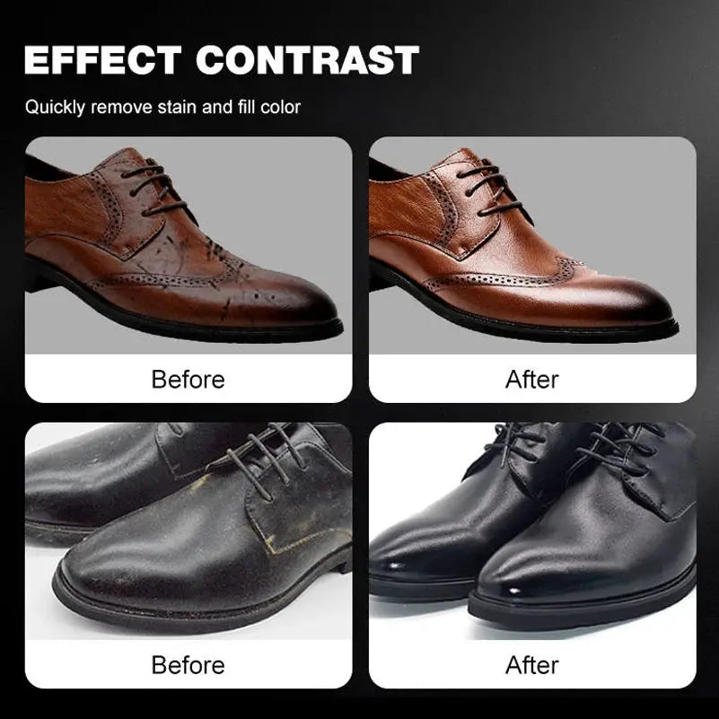 Leather shoe polish by Simples Market; neutral brown/black cleaner shown with before/after results on two dress shoes.