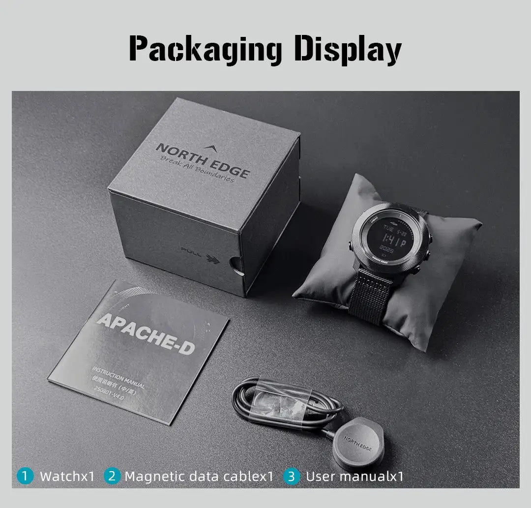 North Edge Apache-D digital dive watch with black mesh strap, packaging box, magnetic data cable, and user manual