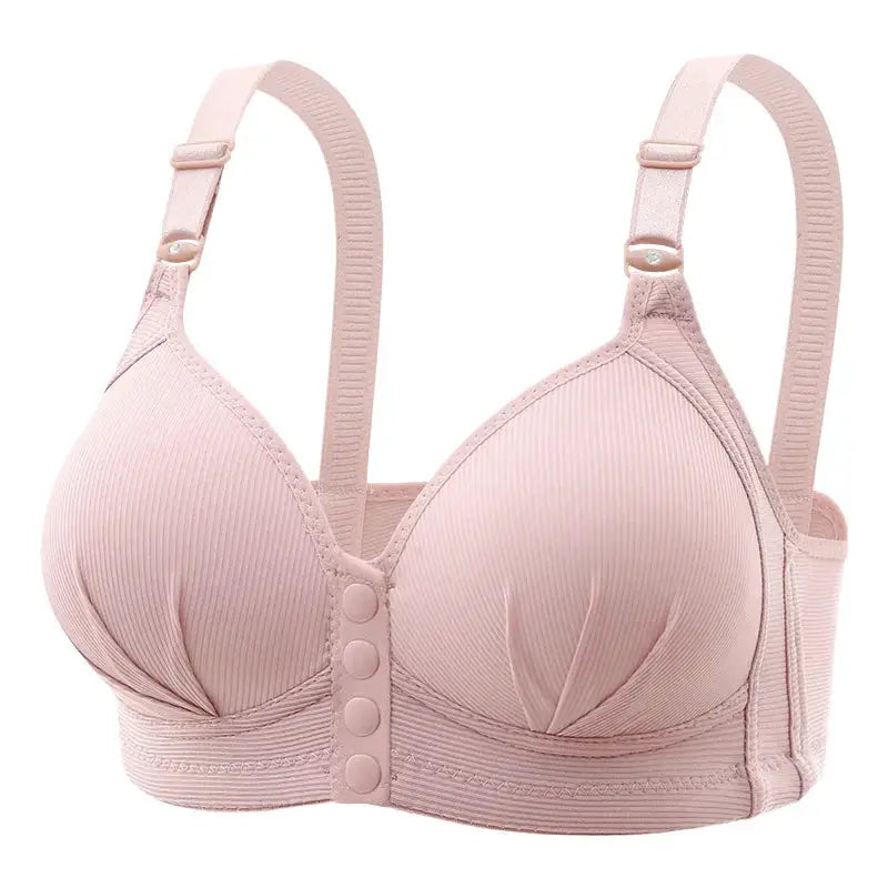 Blush pink front-buckle push-up bra with adjustable straps and padded cups