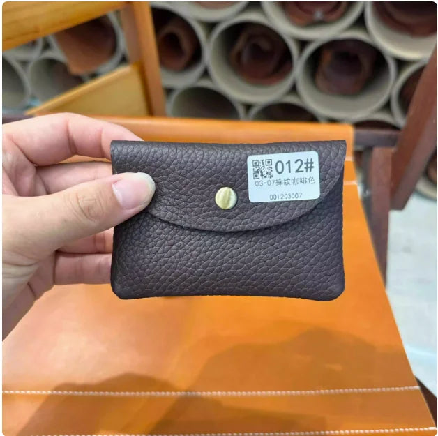 Personalize Genuine Leather Card Holder black cowhide with snap flap, compact mini envelope style.