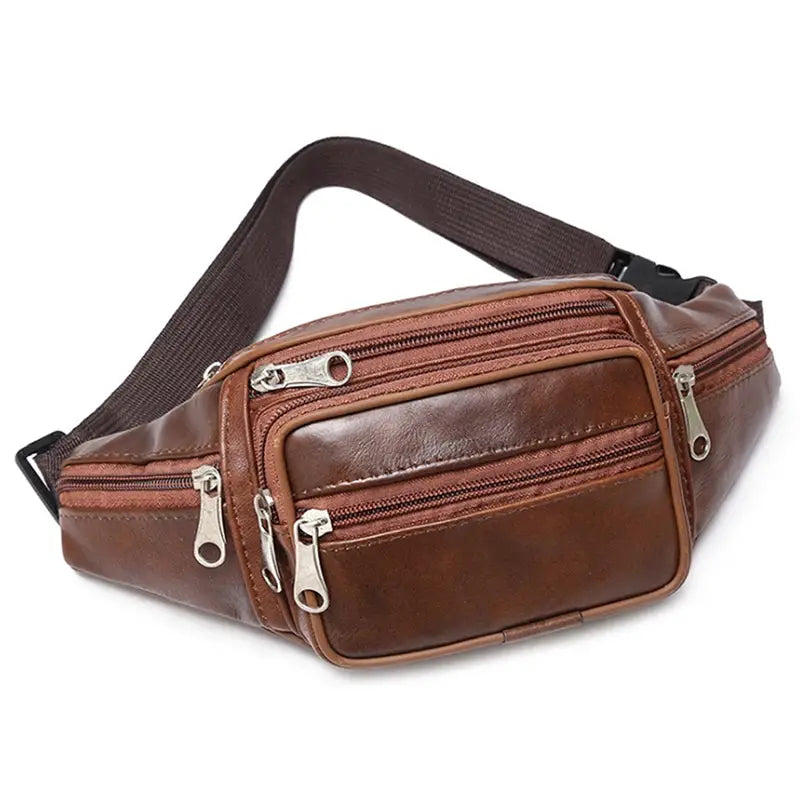 Men's waist pack in brown PU leather with multiple zip pockets and adjustable strap
