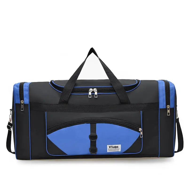 Simples Market oversized duffel bag in black with blue accents; travel and fitness bag featuring WT&dps patch