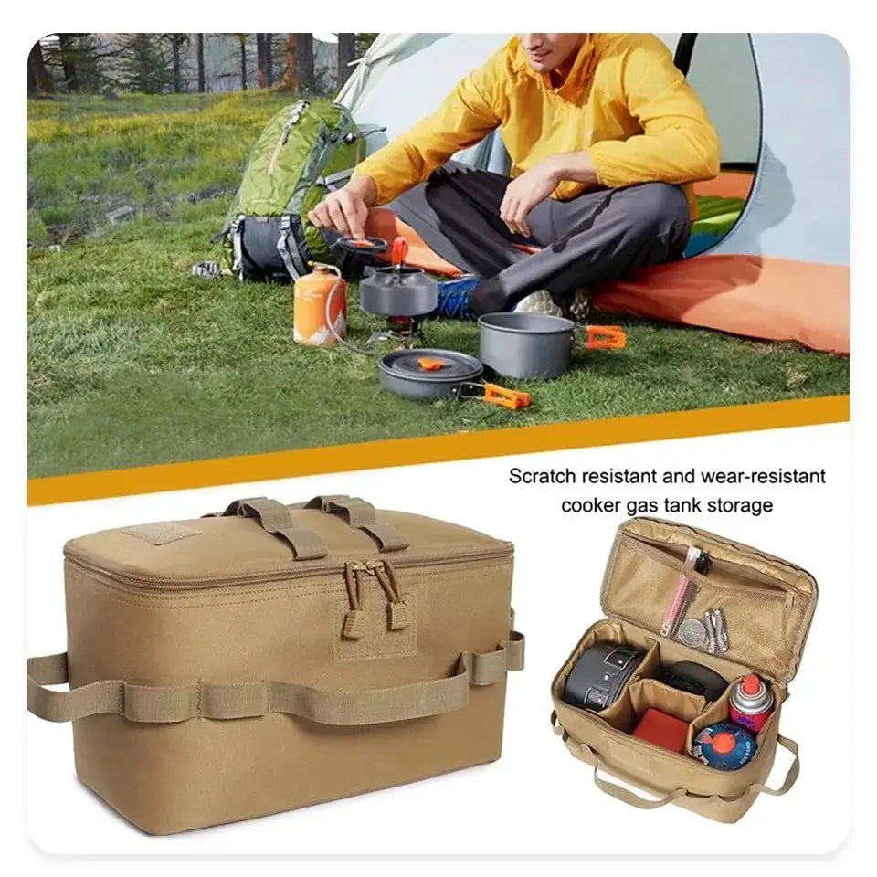 Large Capacity Outdoor Camping Storage Bag by Simples Market; tan case with compartments for cookware and gas canister