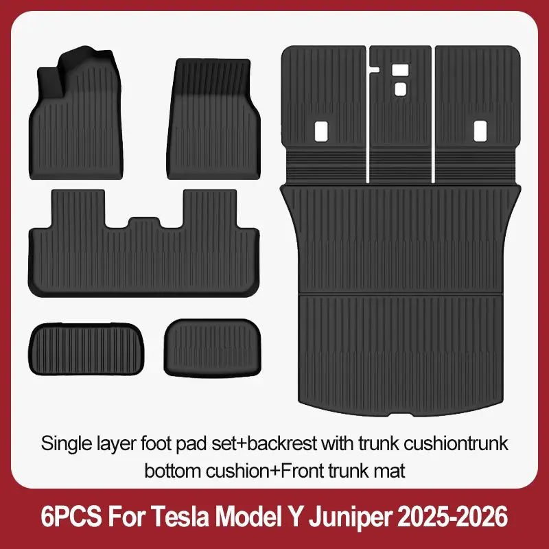 Simples Market 6-piece black TPE floor mat set for Tesla Model Y 2025+, includes front, rear and trunk mats.