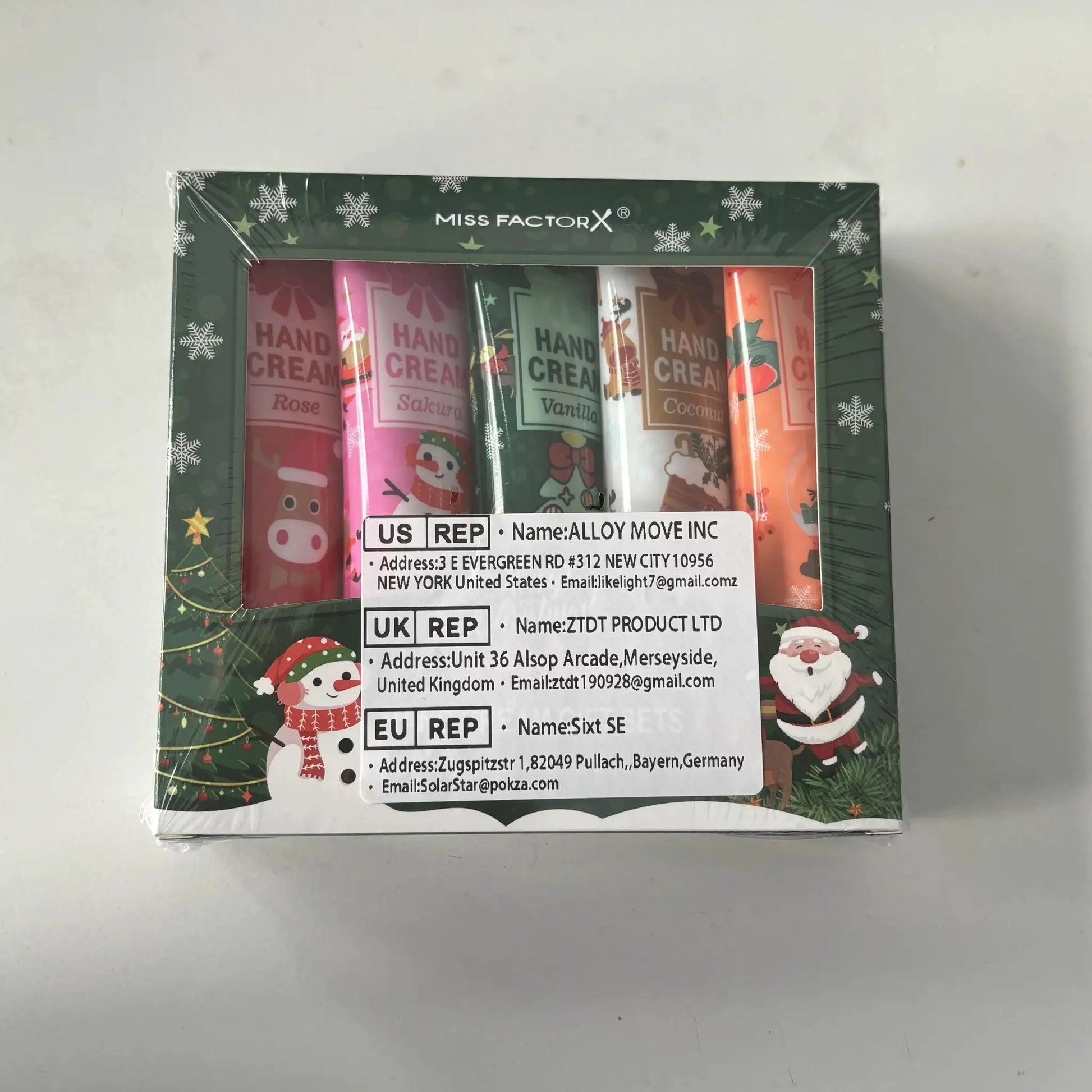 Miss FactorX 5-pack hand cream gift set in festive snowflake box; five 30g tubes.