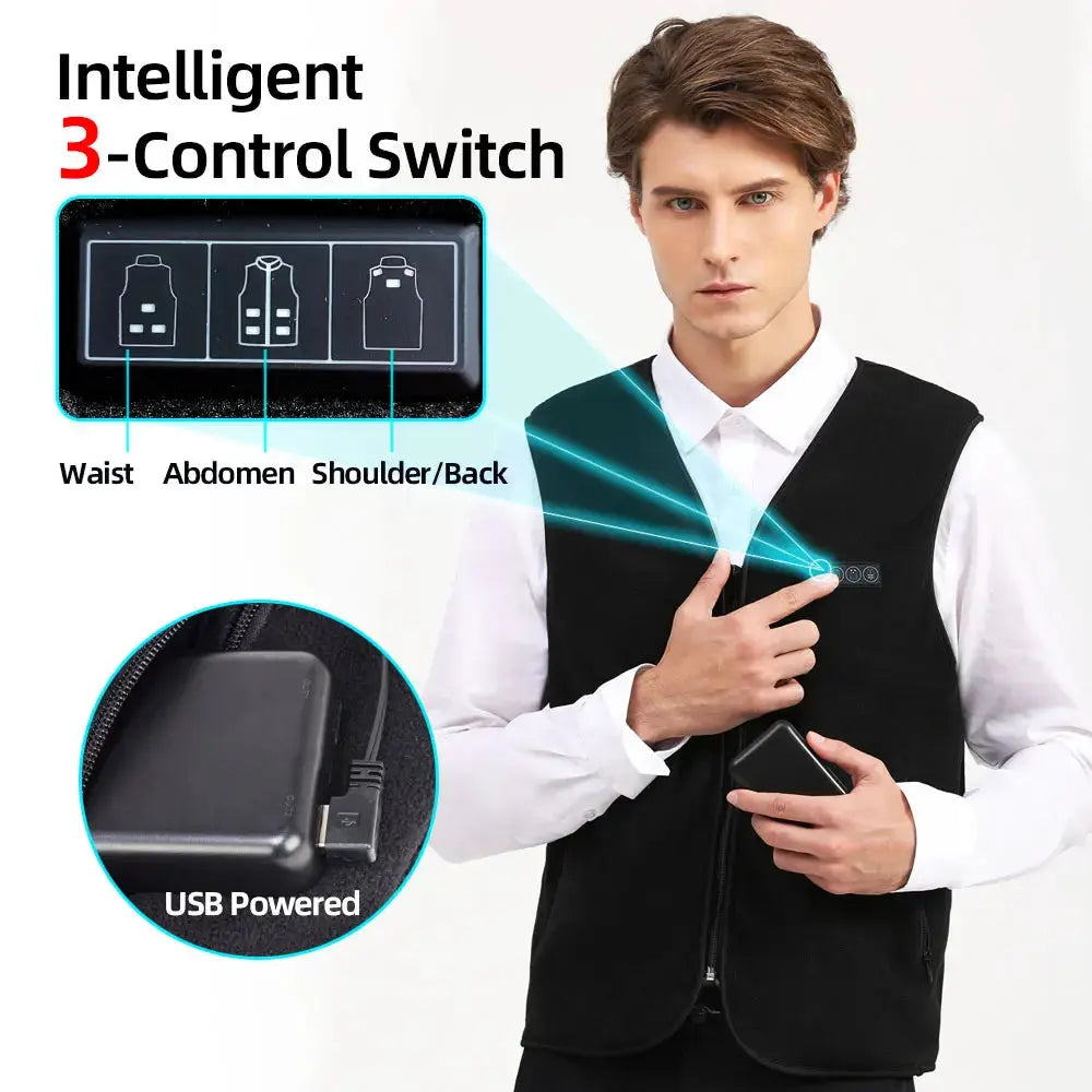 Smart fleece heated vest with USB-powered heating and 3-control switch; black sleeveless vest worn by a man