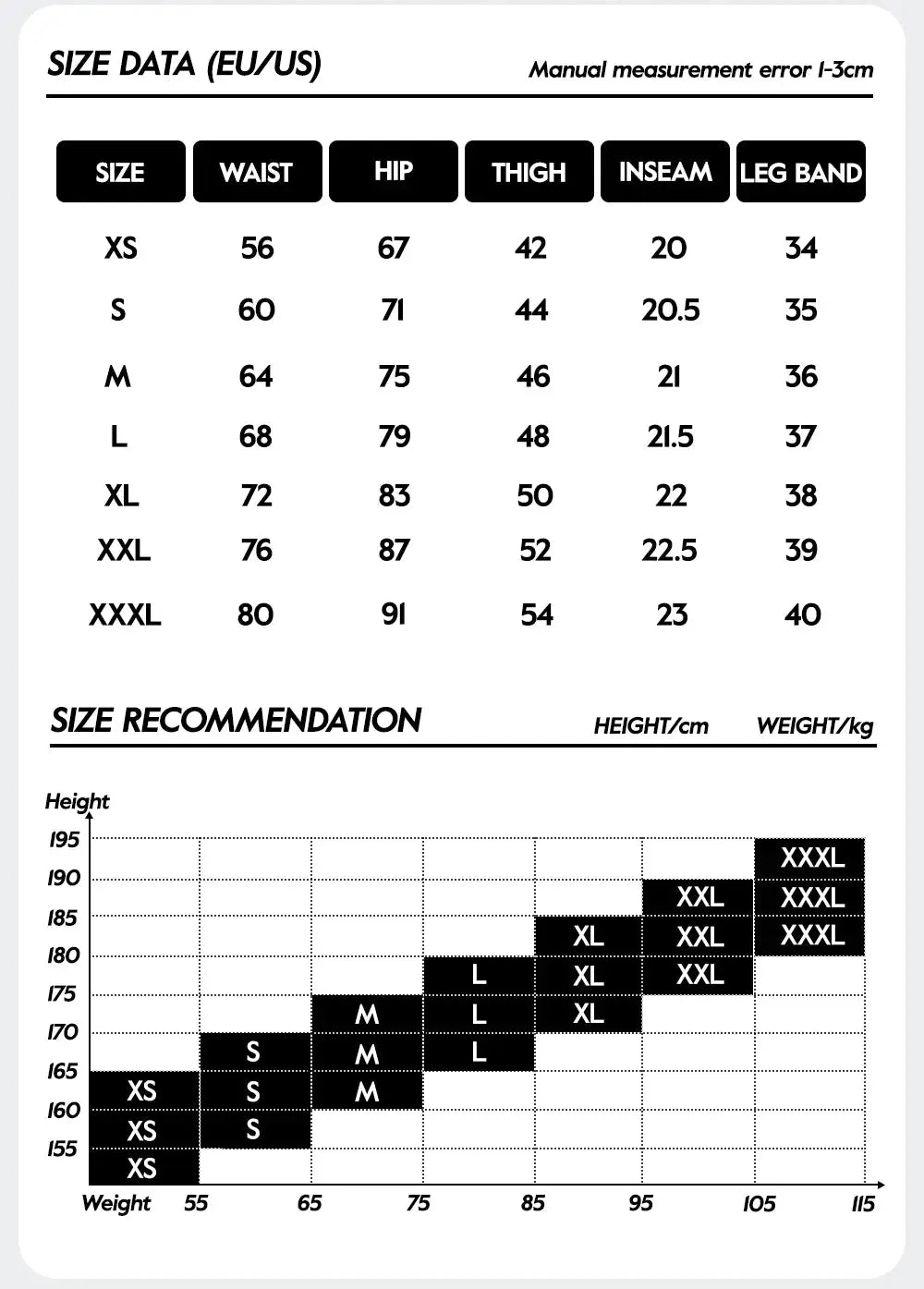 Simples Market men's cycling bib shorts size chart with XS-XXXL sizes and waist/hip/thigh measurements.