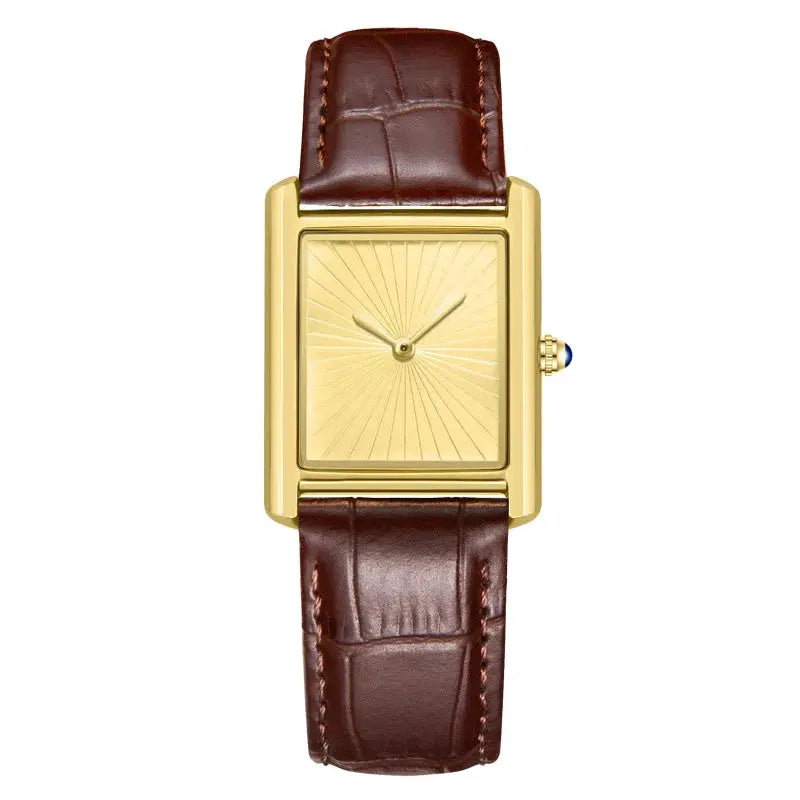 New Classic Square Watch with gold-tone case, two-hand quartz, brown leather strap
