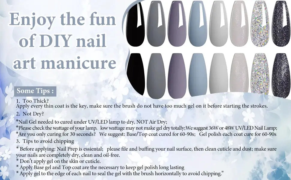 Gel nail polish kit, 6-piece set by Simples Market, autumn colors with black, gray, purples, blues and glitter shades.