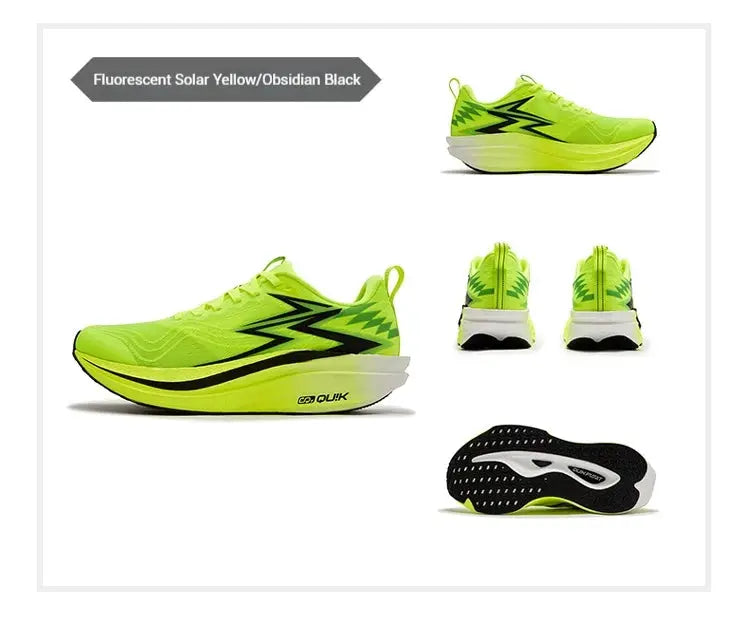361 Degrees Flame 4.0 MIX men's running shoes in fluorescent solar yellow with black accents, multiple views