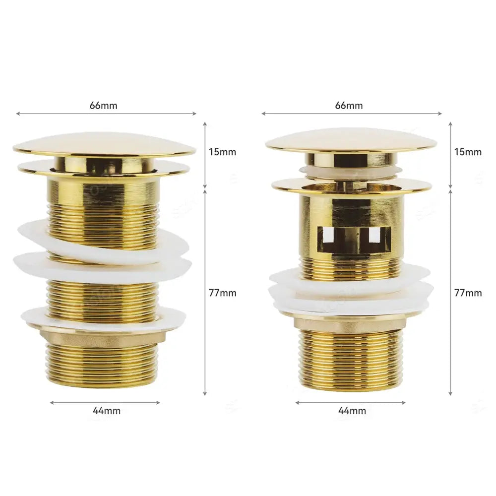Set of 2 gold-tone brass pop-up drain stoppers for bathroom sink