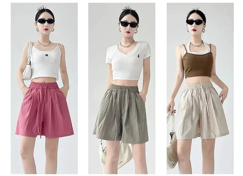 Summer women's shorts set by Simples Market: elastic waist, high-rise loose fit, two pockets; shown in 3 colors.
