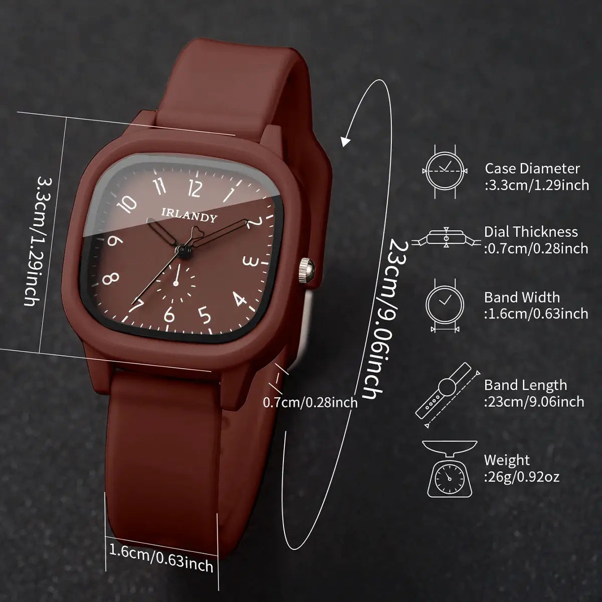 Watch with red silicone square-case, burgundy dial, IRLANDY logo on face.