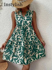 Women Boho Print Mini Dress Sleeveless V Neck Ruffle Beach Sundress