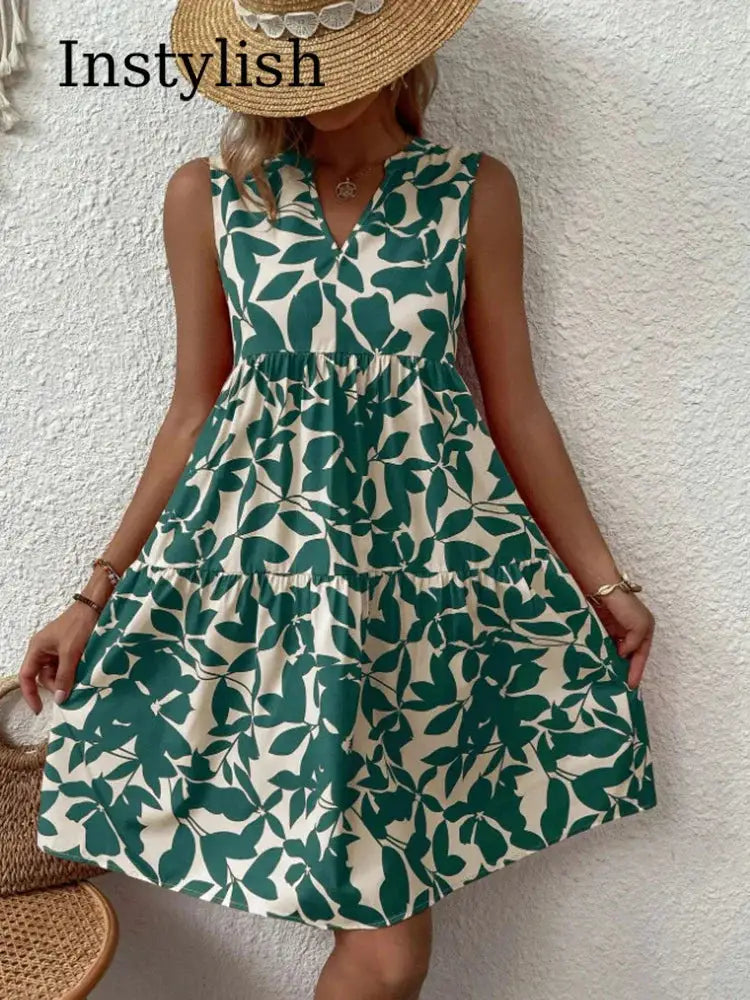 Women Boho Print Mini Dress Sleeveless V Neck Ruffle Beach Sundress