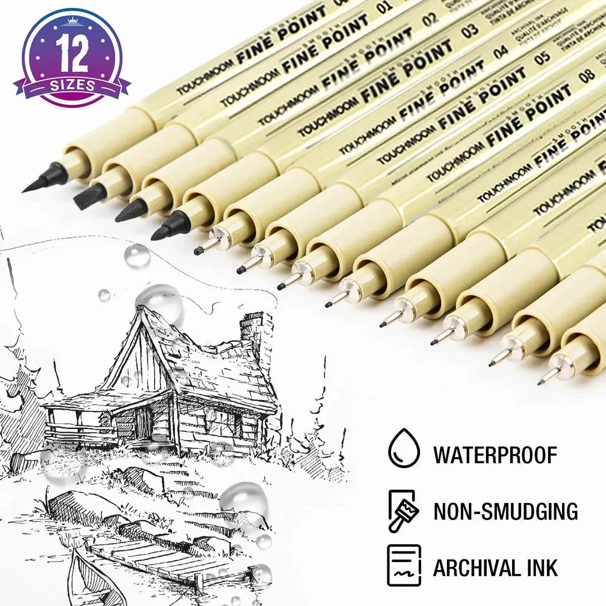Simples Market 12-piece hook-needle fineliner pen set; beige bodies, waterproof archival ink.