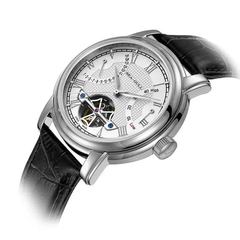 Men's automatic mechanical wristwatch with silver case, white Roman-numeral dial, and black leather strap.