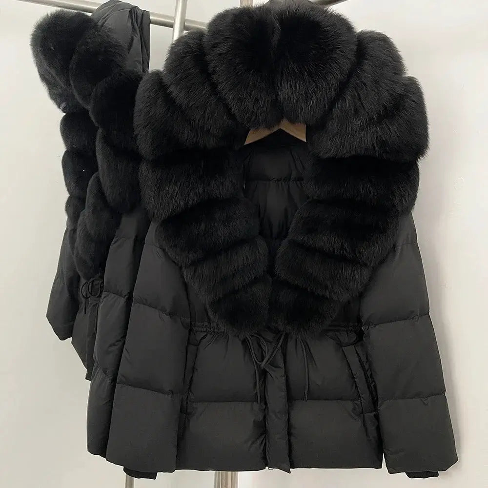 Womens Real Fox Fur Collar Duck Down Coat With Raccoon Fur Trim Hooded Puffer Jacket