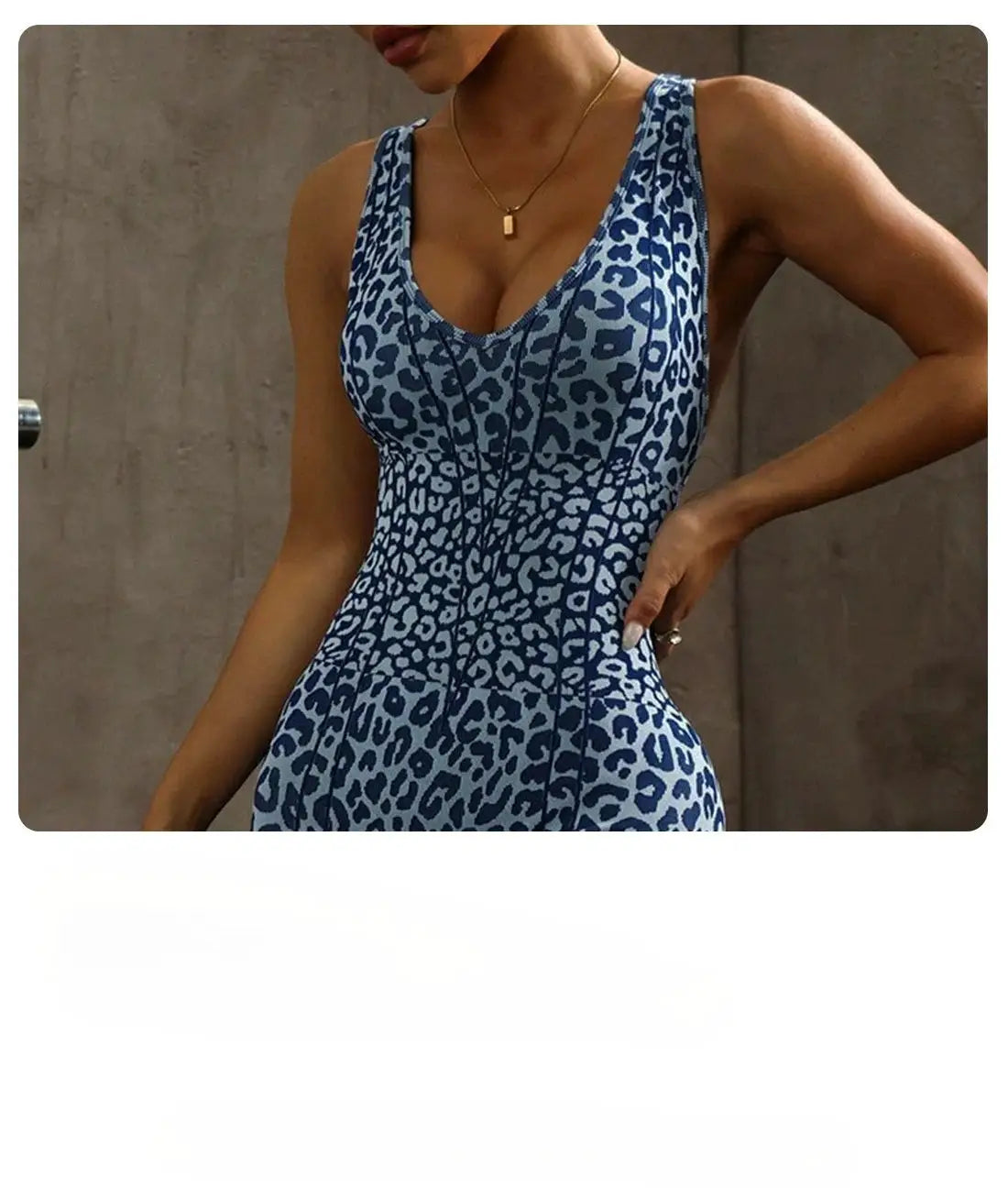 Women's leopard print V-neck jumpsuit, blue animal-print one-piece sportswear for fitness.