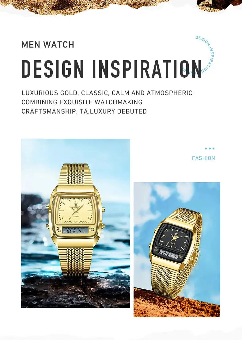Men's gold digital dual-time wristwatches with mesh bands; two square-faced watches shown