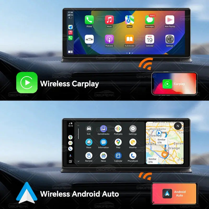 Simples Market OBDPEAK K8 Pro dash cam with 11.3-inch touch screen, wireless CarPlay/Android Auto and GPS navigation.