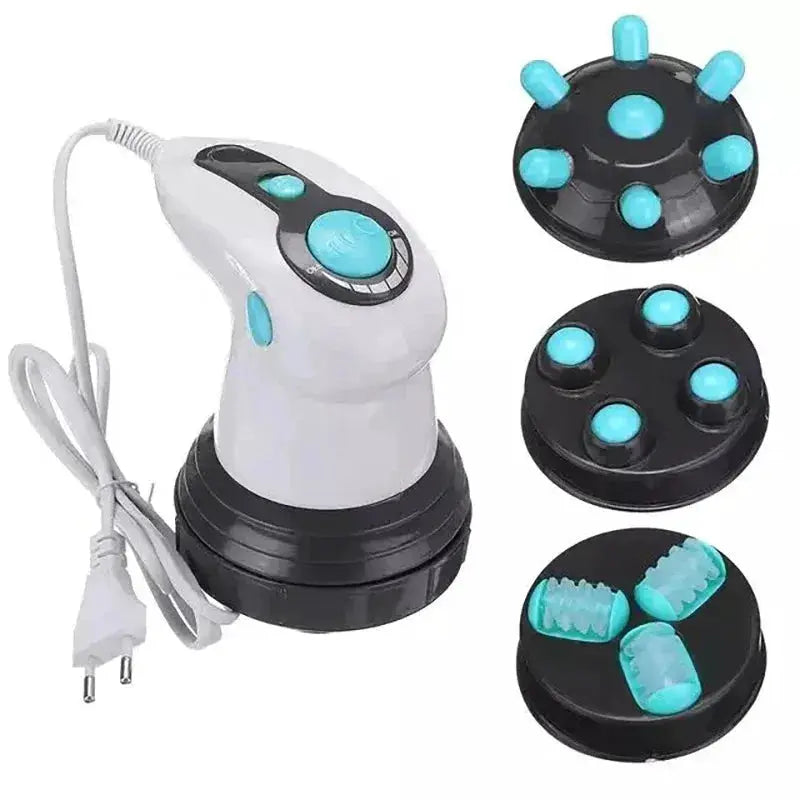 Handheld electric body slimming massager with infrared heat; white unit with teal control and interchangeable heads.