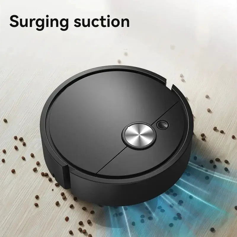 Smart vacuum cleaning robot by Simples Market, circular black autonomous sweeping and mopping device