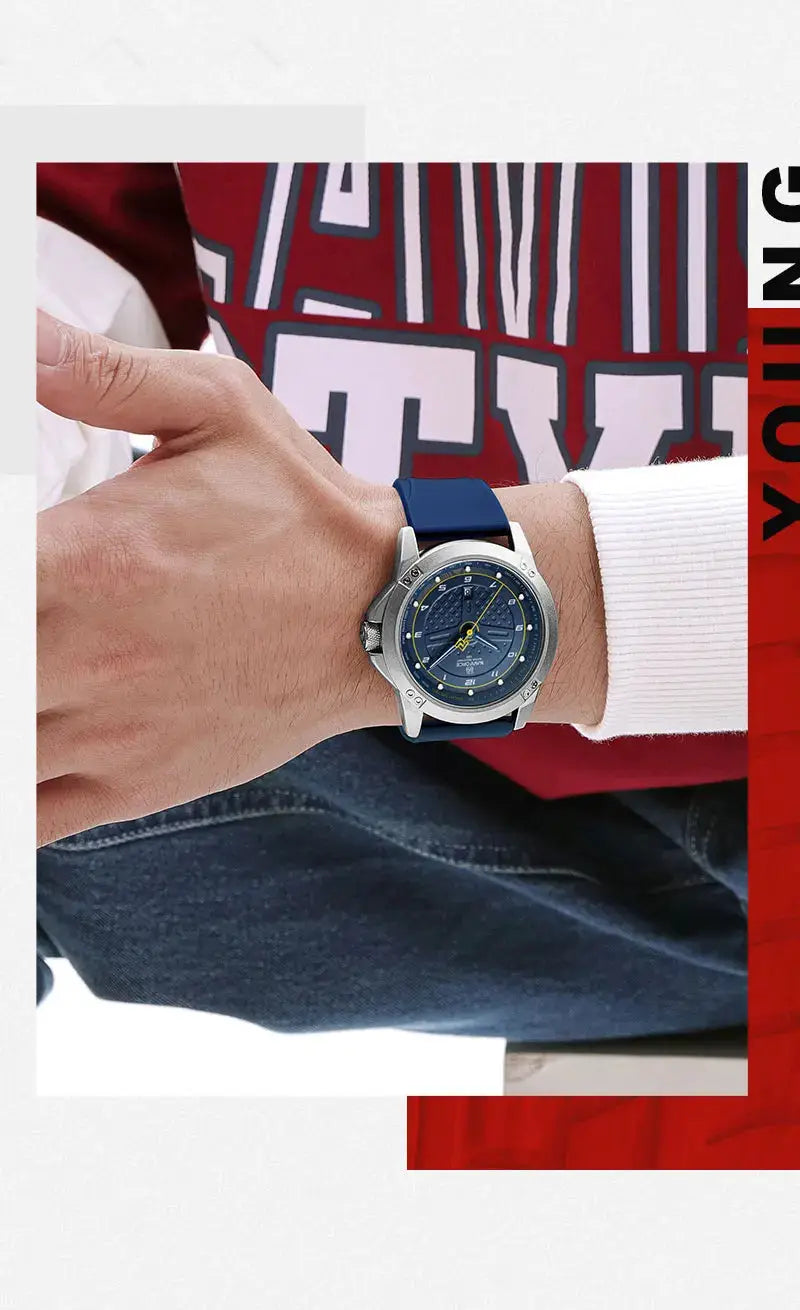Naviforce casual quartz wristwatch with blue silicone strap and silver case, luminous dial