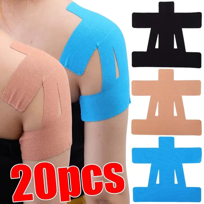 Kinesiology shoulder tape precut by Simples Market, 20 pcs; waterproof, breathable in blue, peach, black, beige.
