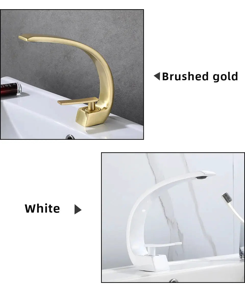 2 basin faucets by Simples Market: brushed gold modern mixer tap and white curved waterfall faucet, single-handle.