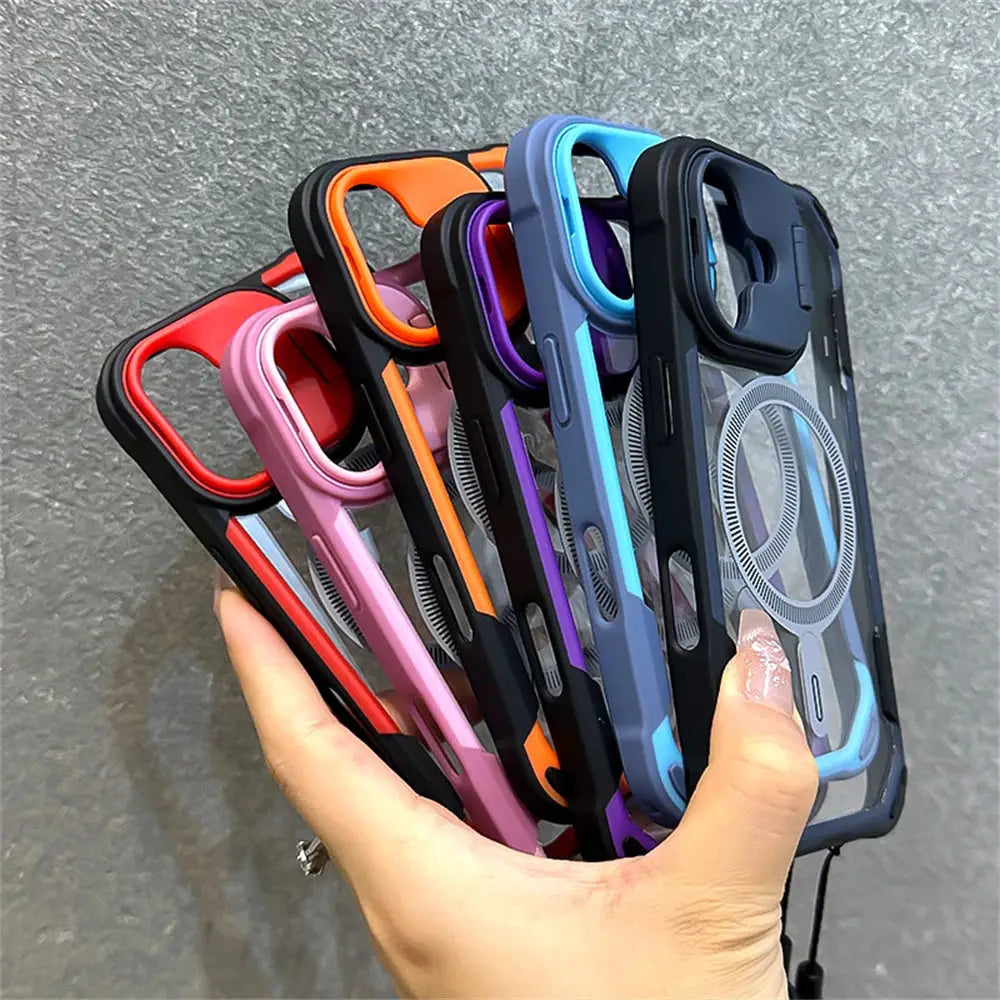 Armor Candy MagSafe cases by Simples Market in assorted colors with ring stand and wrist strap for iPhone 11–16 Pro Max.