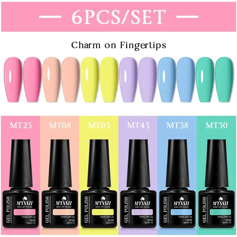 MTSSII six-piece gel nail polish set in colorful bottles: pink, nude, yellow, lavender, blue, teal.