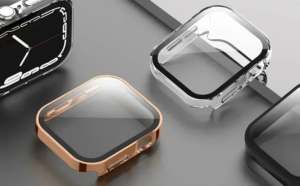 Simples Market four-pack Apple Watch tempered glass PC bumper cases in rose gold, clear, silver, and black for 40–46mm.