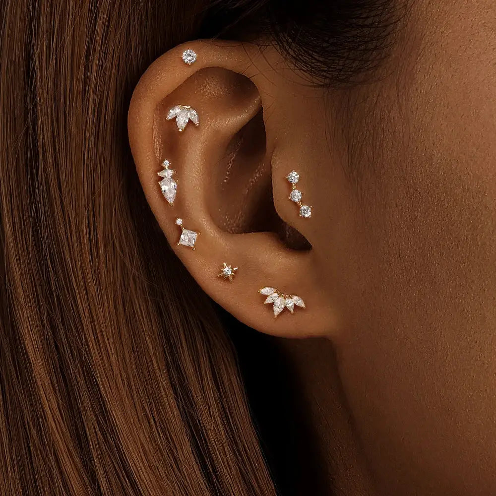 AIDE 9-piece 925 sterling silver zircon ear stud set for helix and lobes, geometric gems, Simples Market