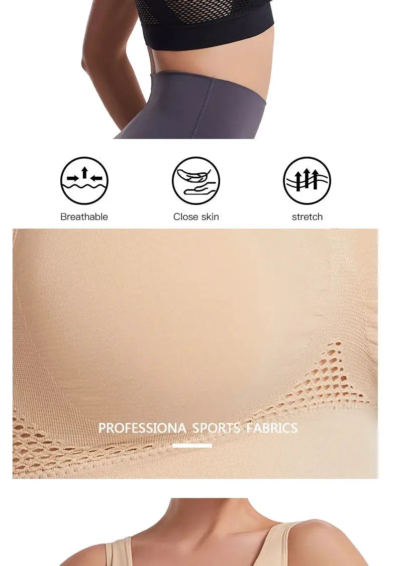 Sports bra S-7XL Plus Size with grid air holes, wireless hollow-out vest in beige.