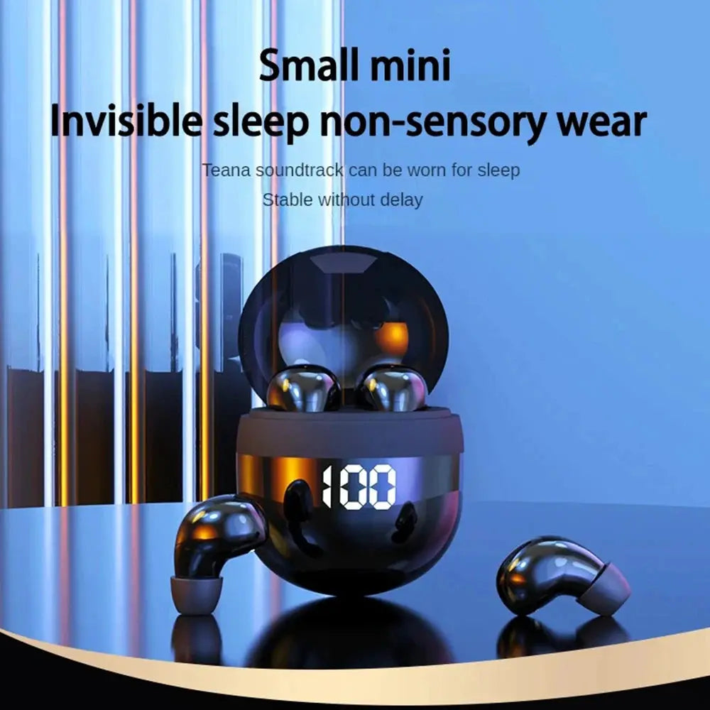 SK18 Mini invisible sleep wireless Bluetooth 5.3 earbuds in glossy black charging case (pair) with digital display.